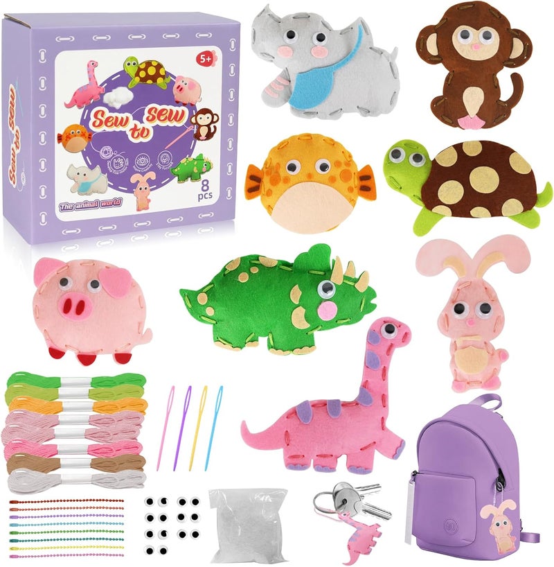 AzReference Kids Sewing Kits for Beginners, 8 Stuffed Animals, Rabbit, Dinosaur Making Easy Felt Sewing Fun Craft Kit, Educational Learn to Sew Gifts for Kids Age 5 6 7 8 9 10 11 12, Instruction & Felt Materials - Image 1